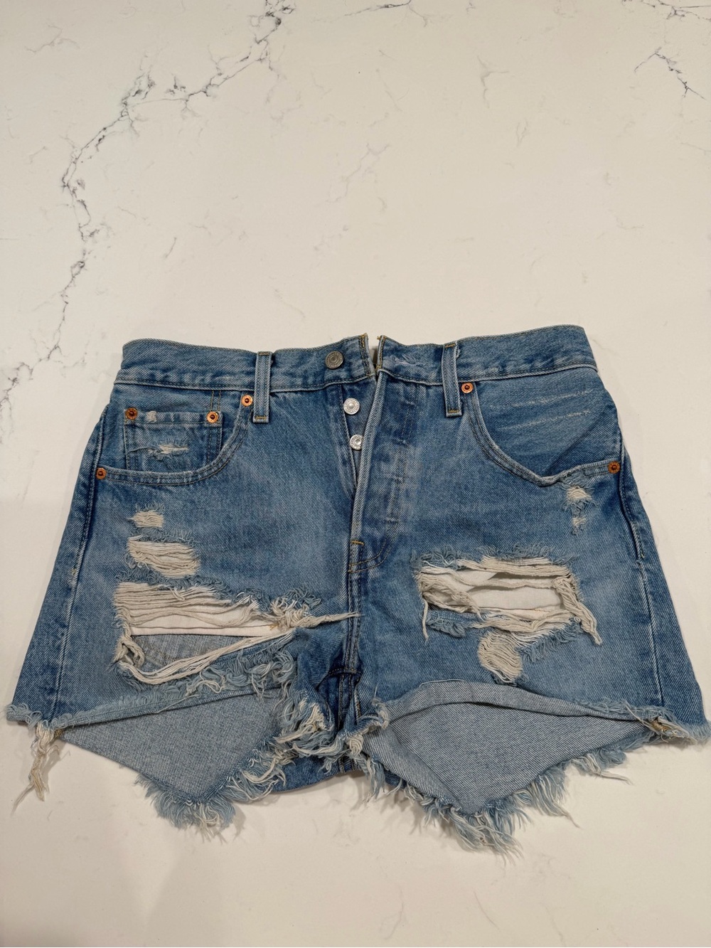 Levi's Distressed Light Blue High-Rise Denim Shorts